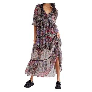 Free People Carmella Printed Oversized
Chiffon Ruffled Boho Maxi Women’s Size XS